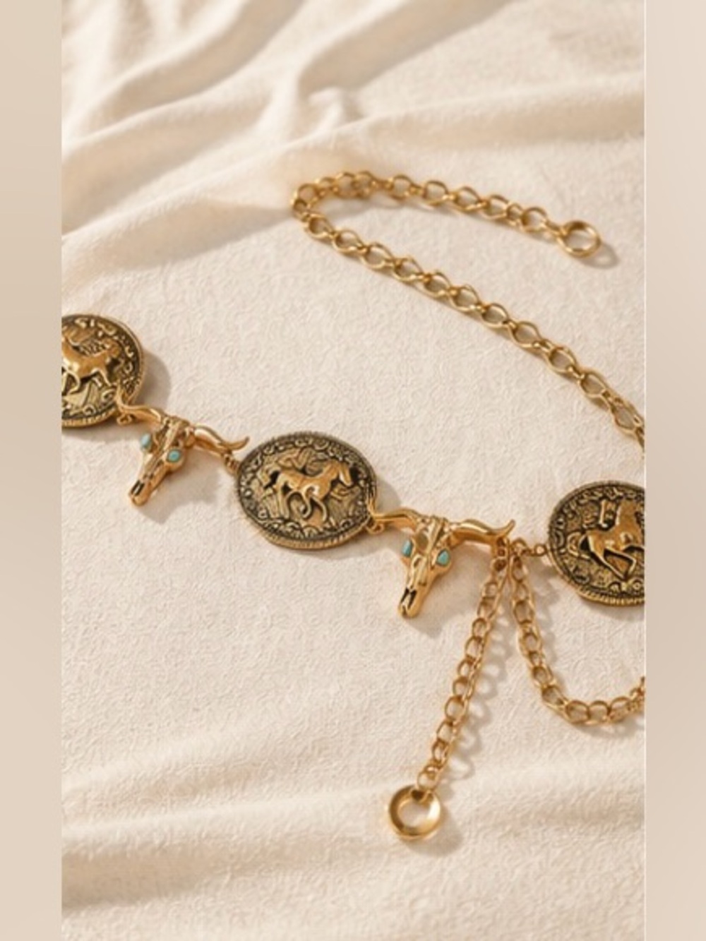 Western Longhorn Concho Chain Belt Gold Tone Boho Cowgirl Belt